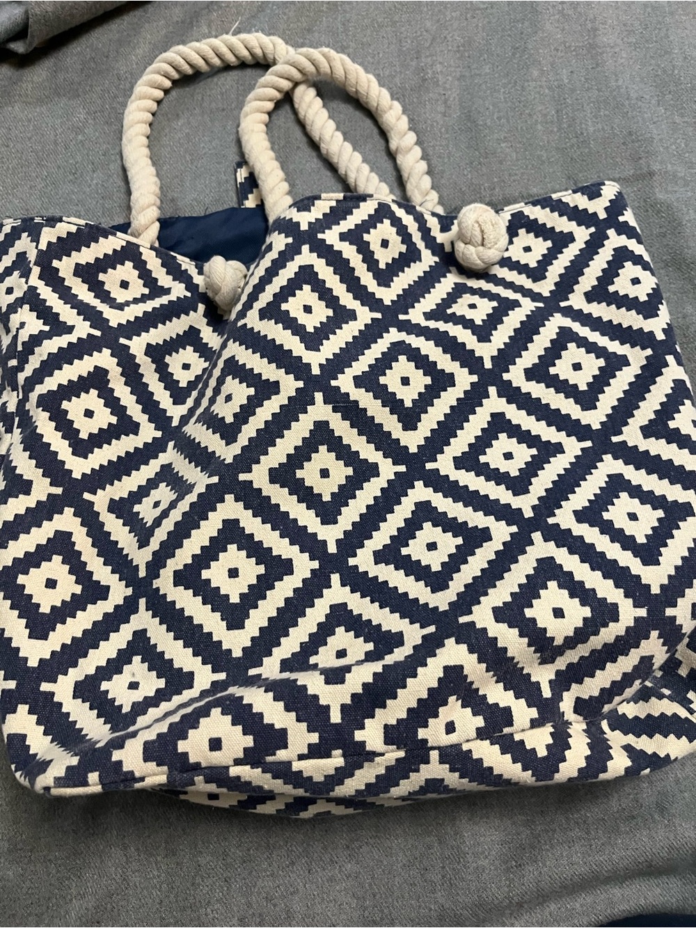 summer & rose Navy and Cream Geometric Rope-Handle Tote
